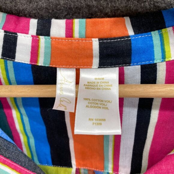 Anne Cole Shirt Women M Medium Blue Striped Button Up Collared 3/4 Sleeve Cotton - Picture 3 of 6